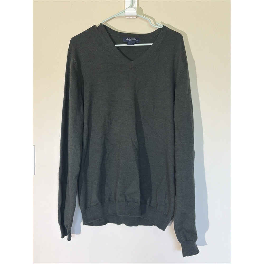 Brooks‎ Brothers Green Merino Wool Blend Vneck Stretch Knit Sweater Mens Large